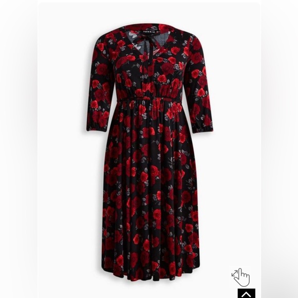 Rose Black Flora MIDI Challis Tie Neck Dress - Picture 1 of 7